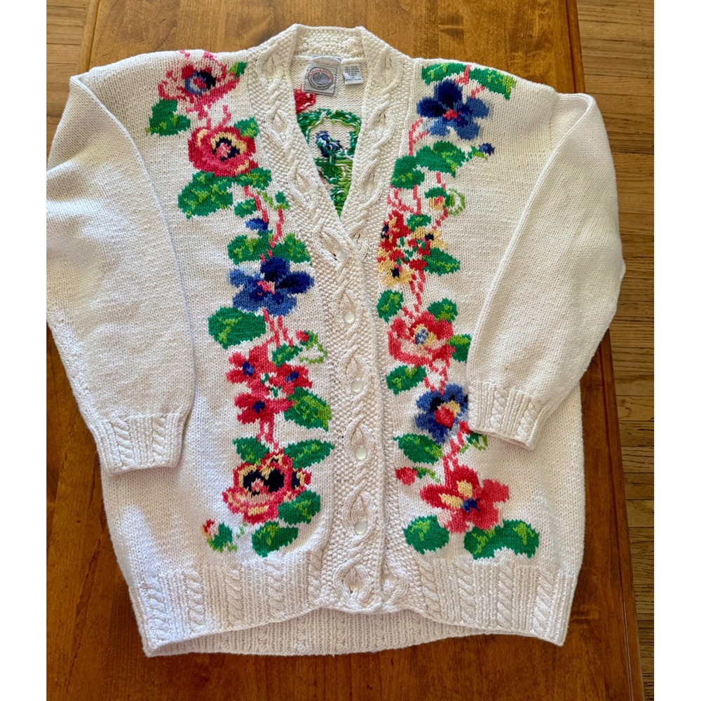 Cape Isle Knitters Womens Vintage Hand Knit Floral Cardigan Sweater Ivory Medium